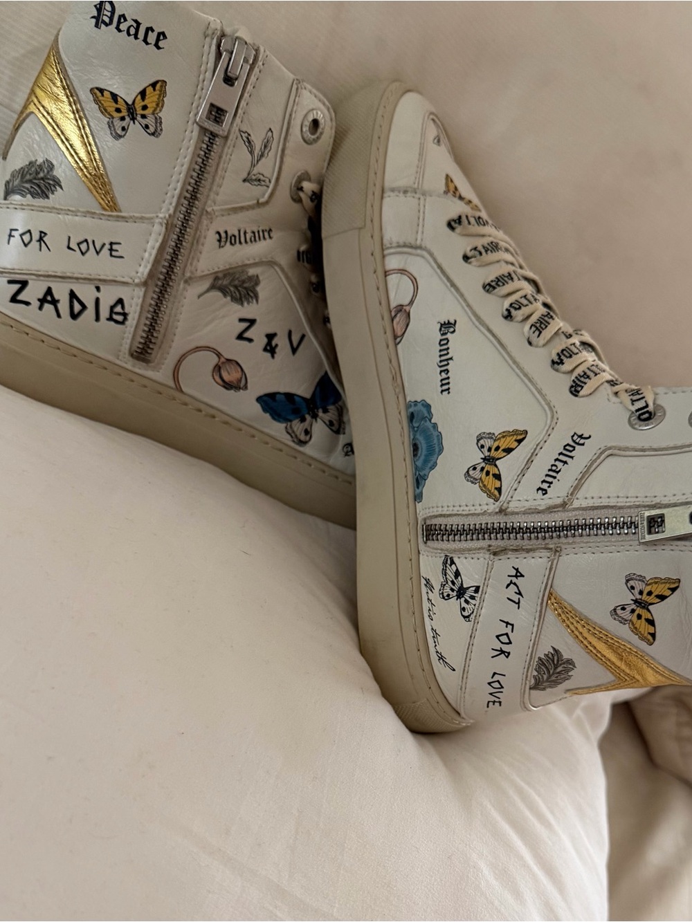 Zadig & Voltaire White Leather High-Top Sneakers with Butterfly Print